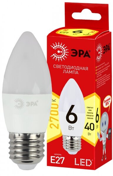 ЭРА ECO LED B35-6W-827-E27 (диод, свеча, 6Вт, тепл, E27)