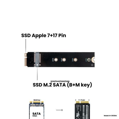 Адаптер-переходник для установки SSD M.2 SATA (B+M key) в разъем Apple 7+17 Pin MacBook Air 11 A1465 / 13 A1466, Mid 2012, NFHK N-2012NA