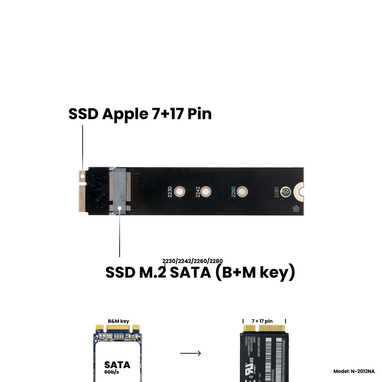 Адаптер-переходник для установки SSD M.2 SATA (B+M key) в разъем Apple 7+17 Pin MacBook Air 11" A1465 / 13" A1466 Mid 2012 NFHK N-2012NA