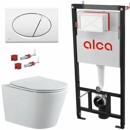 Готовый набор инсталляции Alcaplast AM101/1120 с белой панелью смыва M70+унитаз подвесной Aquanet Rimless Atago 2.0 W LX-1905