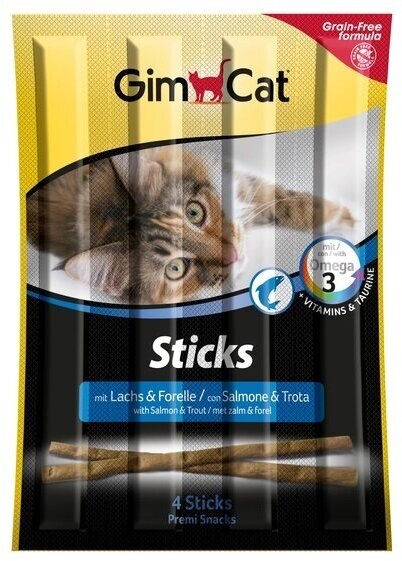 Лакомство для кошек GimCat Sticks Лакомые палочки с лососем и форелью, 20г х 4шт. в уп. 80 г - фотография № 3