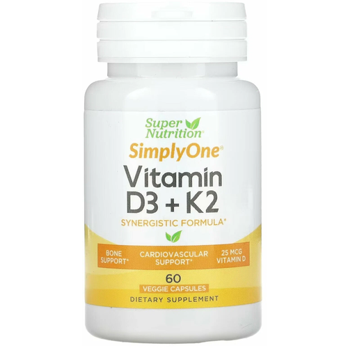 Super Nutrition D3+K2, Vitamin D3 1000 IU + K2 40 mcg, 60 капсул