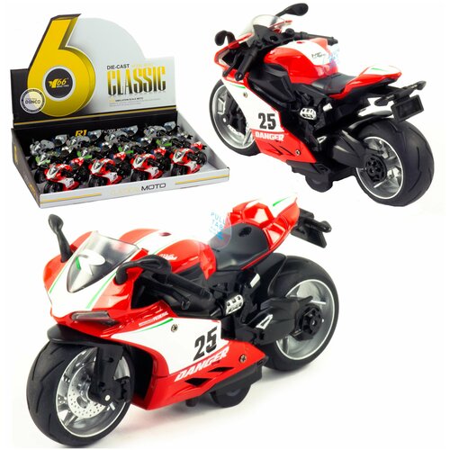 фото Металлический мотоцикл игрушка 1:12 danger 15 см., детский, инерционный, свет, звук / красный denco store