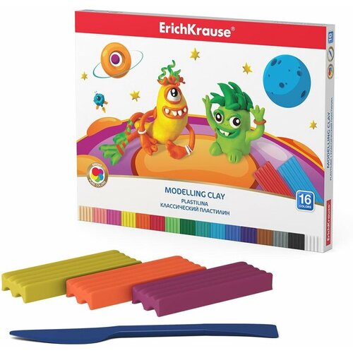 Классический пластилин ErichKrause Cosmic Monsters 16 цветов со стеком, 288г