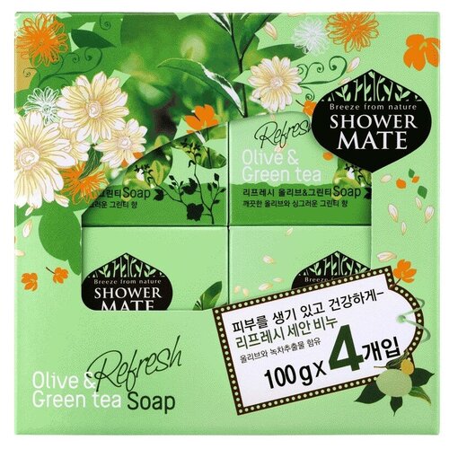 Shower Mate Мыло кусковое Olive & green tea зеленый чай, 4 уп., 4 шт., 100 г shower mate мыло косметическое оливки и зеленый чай 100 г