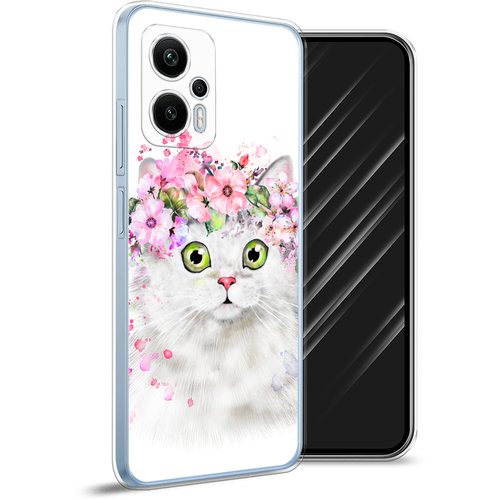Силиконовый чехол на Xiaomi Redmi Note 12T Pro / Редми Нот 12T Про Белая кошка с цветами силиконовый чехол на redmi note 12t pro редми нот 12t про белая кошка с цветами