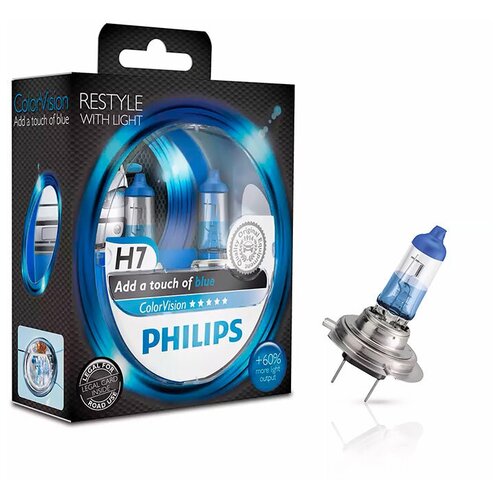 фото Лампа галогенная philips colorvision +60% h7 12v 55w px26d, 2 шт. (бокс)