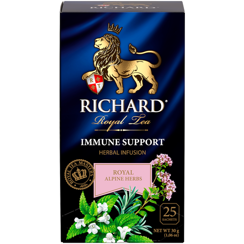 Травяной чай Richard Royal Alpine Herbs Immune Support, розмарин, душица, мелисса, шалфей, мята, лаванда, базилик, травы, мультифрукт, 30 г, 25 пак.