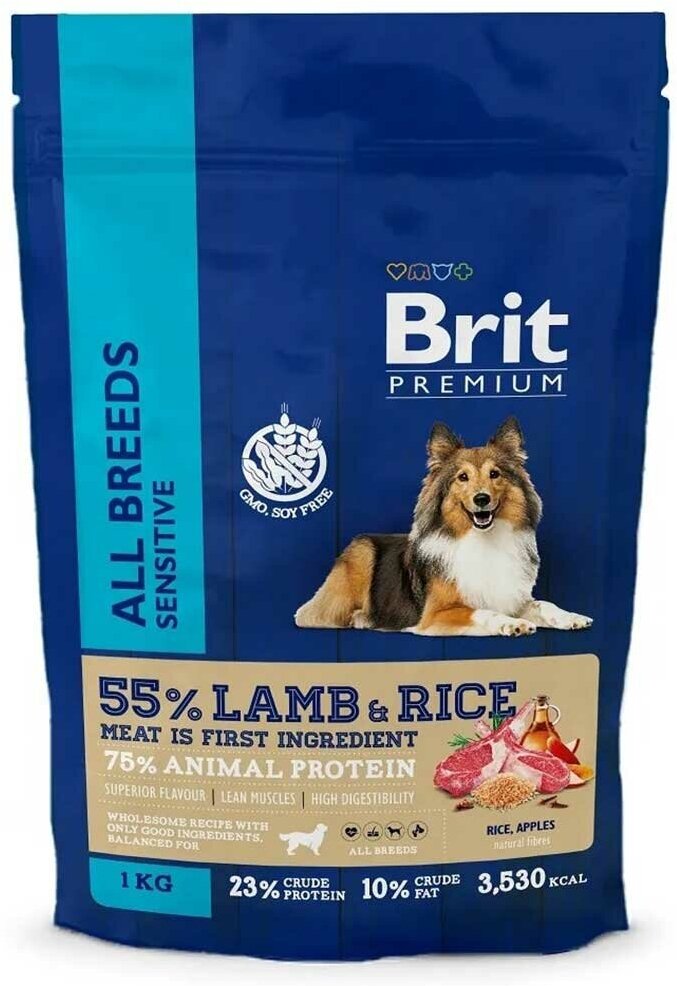 Сухой корм Brit для собак всех пород с чувствительным пищеварением ягненок, индейка и рис premium dog adult sensitive 1кг 5050024