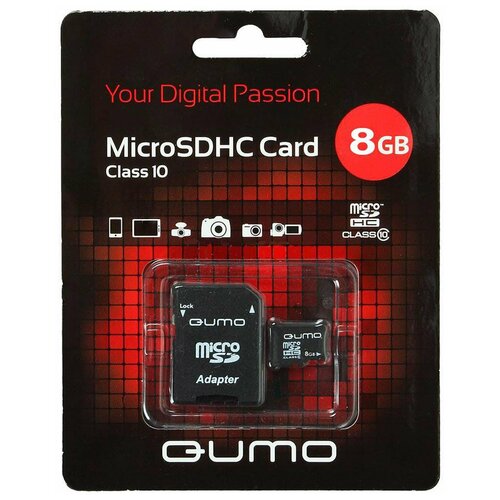 Карта памяти Qumo microSDHC Class 10 8GB + SD adapter карта памяти qumo microsdhc 8gb class 10