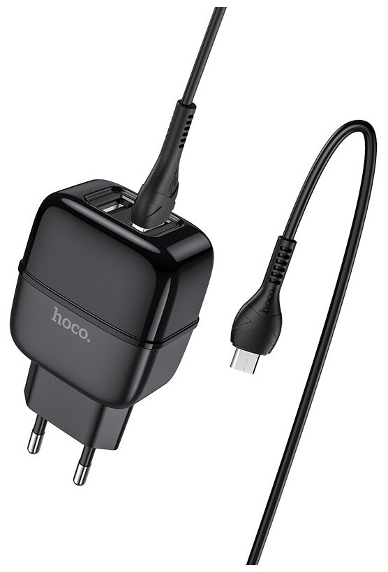 Блок питания сетевой 2 USB HOCO, C77A, 3000mA, пластик, QC3.0, кабель микро USB, цвет: чёрный