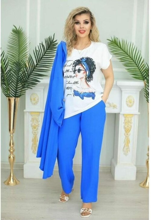 Костюм-тройка, рубашка и брюки, повседневный стиль, свободный силуэт, пояс на резинке, размер 52, голубой