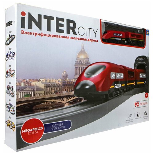 Железная дорога 1Toy InterCity Megapolis, Служба спасения, с аксессуарами, звук, 92 детали (Т20834) игровой набор железная дорога полицейская станция 1toy intercity megapolis