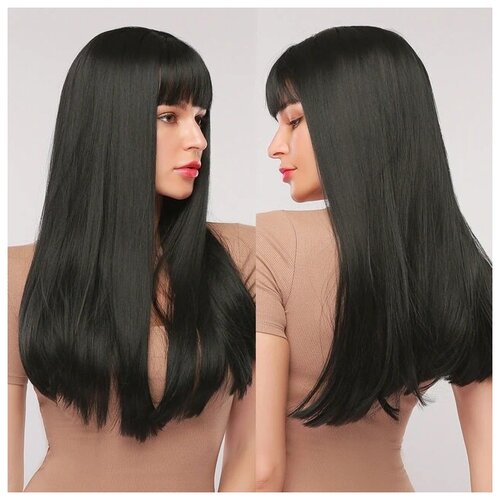 Длинный черный парик с прямыми волосами и челкой