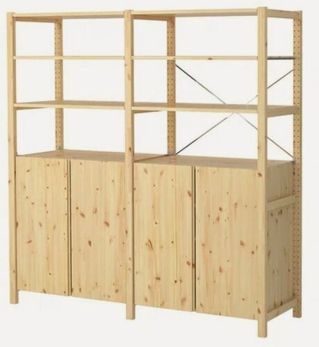 Изображение товара Стеллаж деревянный напольный двухсекционный с открытыми и закрытыми полками (шкафами) IKEA Ivar 174×30×179 см