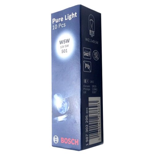 фото Лампа автомобильная накаливания bosch pure light 1987302206 w5w 12v 5w 10 шт.
