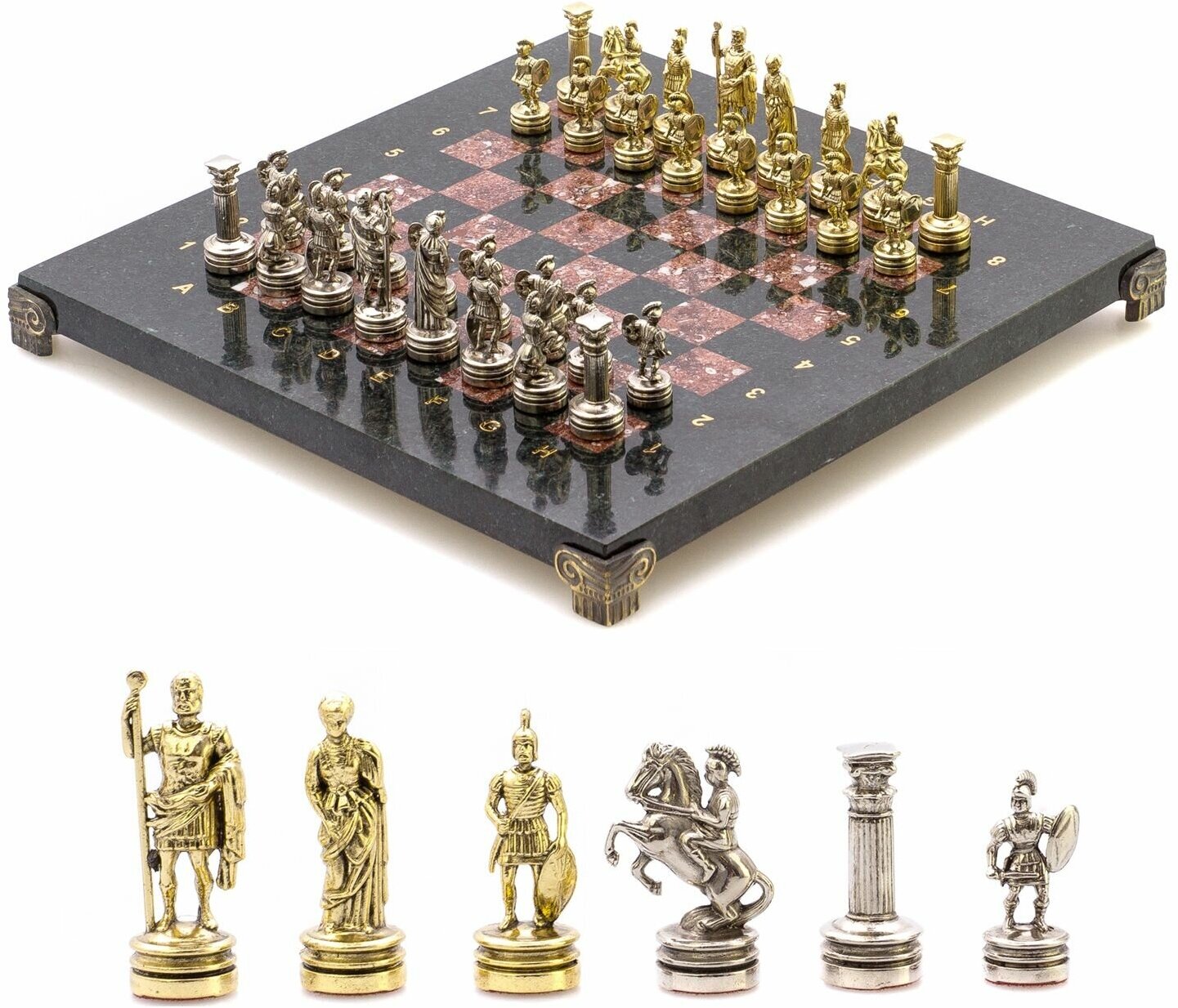 Шахматный набор "Римляне" доска 28х28 см змеевик, лемезит фигуры цвет золото-серебро 124854