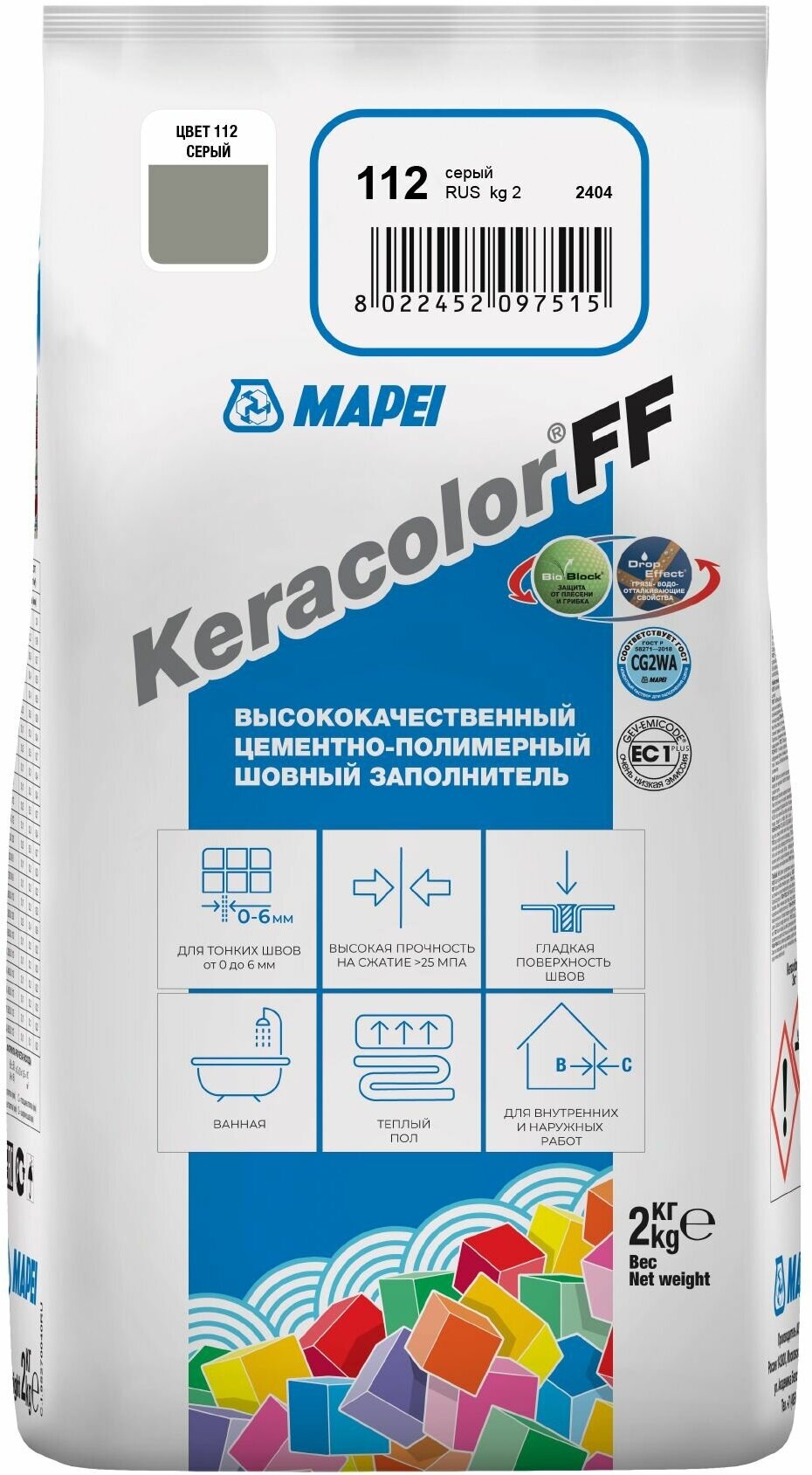 Затирка для плитки KERACOLOR FF № 112, серая, 2 кг - фотография № 6