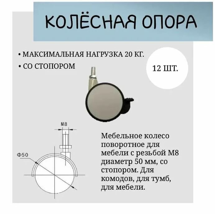 Колесная опора ф50мм, штырь-М8 со стопором, сер.,нейлон (комплект 4 шт) - фотография № 3