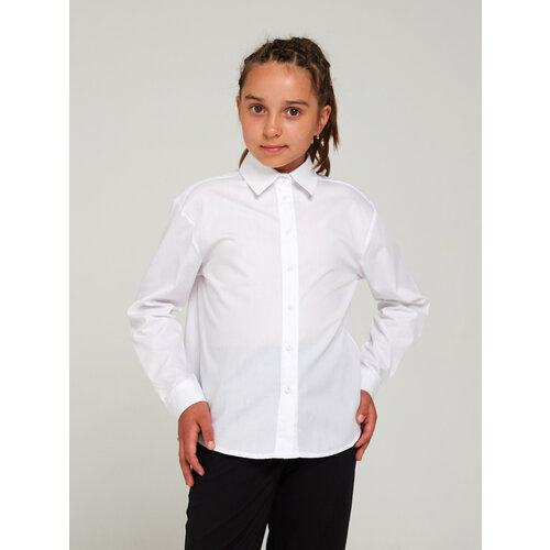 фото Школьная блуза kupifartuk, полуприлегающий силуэт, на пуговицах, длинный рукав, без карманов, однотонная, размер 128, белый