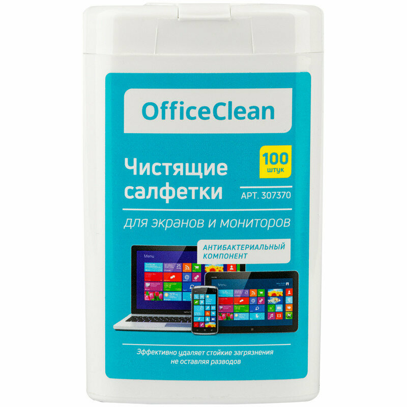 Салфетки влажные чистящие 100 штук для экранов мониторов всех типов электроники, оптики, оргтехники OfficeClean / салфетки плотные 9*11,5 см / в тубе