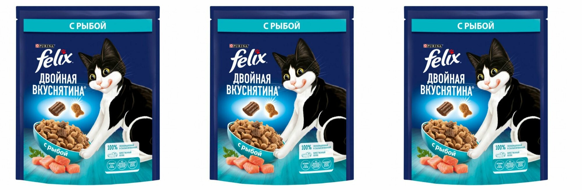 Felix сухой корм для взрослых кошек с рыбой Двойная вкуснятина, 200 г, 3 шт