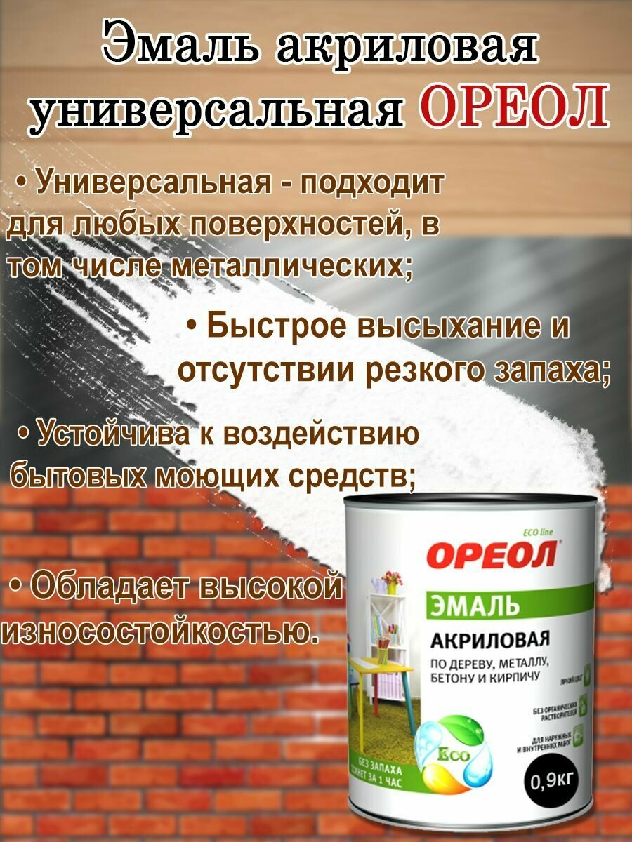 Эмаль акриловая универсальная Ореол Белая Глянцевая 0,9кг, быстросохнущая, без запаха; краска по дереву, металлу, бетону, кирпичу