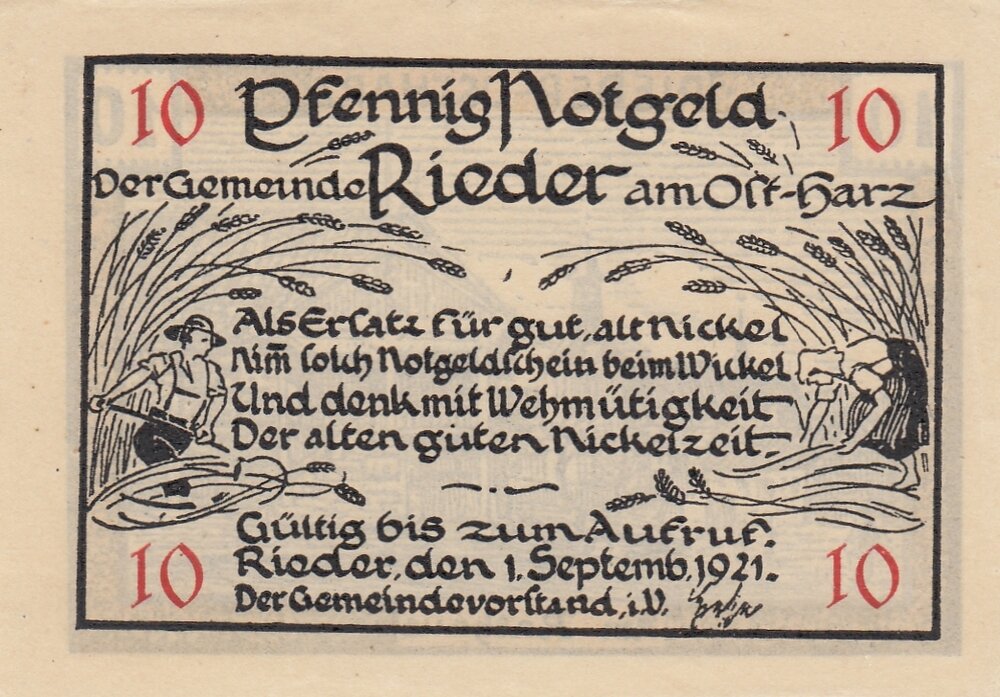Германия (Веймарская Республика) Ридер 10 пфеннигов 1921 г. (3)