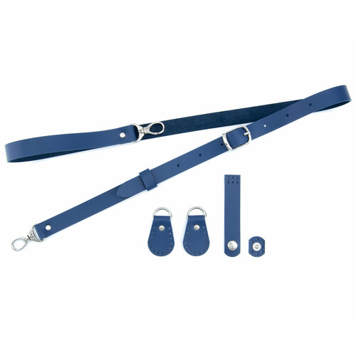 Кожаная фурнитура для вязаной сумки: ремень, пришивные боковушки и застежка, цвет - синий