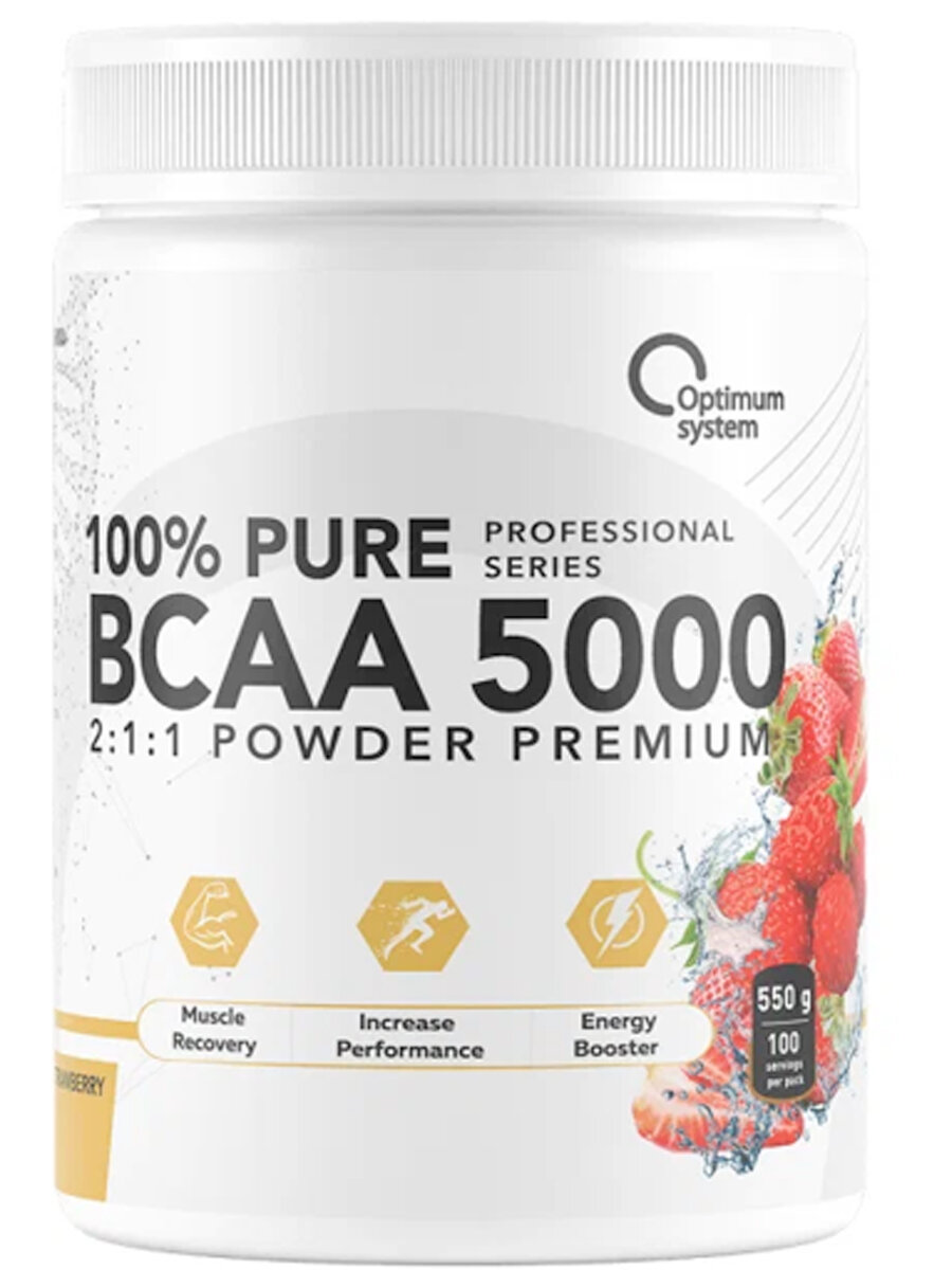 Аминокислота Optimum system 100% Pure BCAA 5000 Powder, клубника, 550 гр.