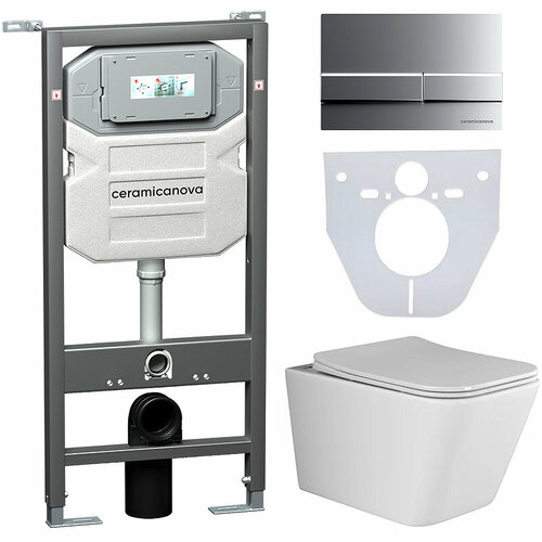 Комплект унитаза с инсталляцией Ceramicanova Metric CN3007_1002M_1000 с сиденьем Микролифт и клавишей смыва Хром матовый унитаз ceramicanova metric cn3007 подвесной с сиденьем микролифт