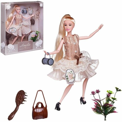 фото Кукла abtoys "современный шик" в платье без рукавов с плиссированной юбкой, коричневая сумка, светлые волосы 30см