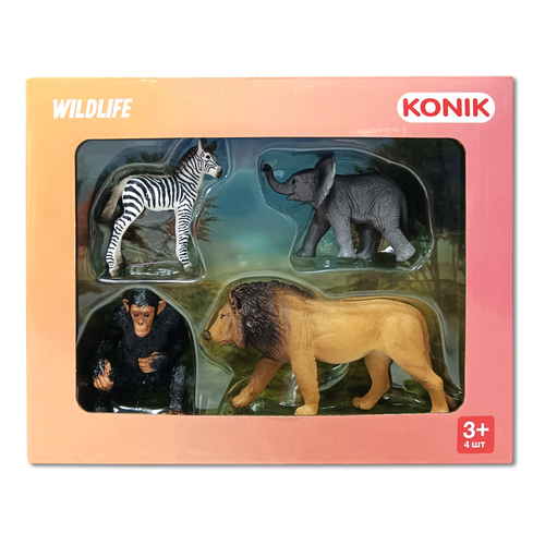 KONIK Набор диких животных: лев, шимпанзе, слоненок, зебра AMW2126