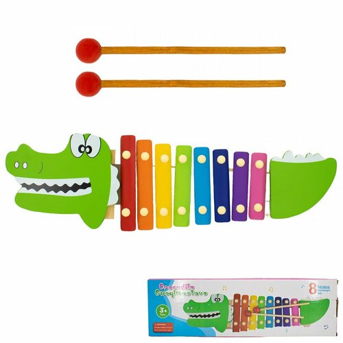 Металлофон детский КНР деревянный Крокодил 8 нот, 2 палочки, в коробке (141-257U)