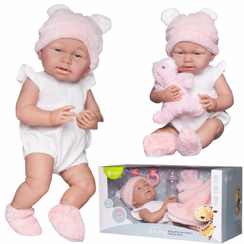 пупс junfa wj b9972 pure baby в комбинезоне и шапочке 35см Пупс Pure Baby, 40см, в белом боди, розовых пинетках и шапочке с белым медвежонком и аксессуарами, в коробке - Junfa Toys [WJ-22525]