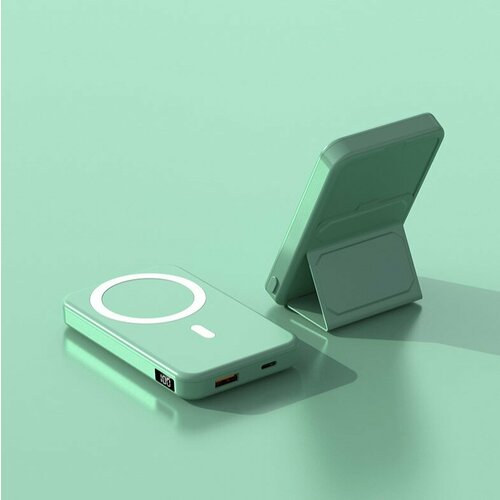 Внешний магнитный аккумулятор MagSafe с держателем для телефона Повер банк 10000 мАч 15W Зарядное устройство для смартфона с подставкой Бирюзовый 339500₽