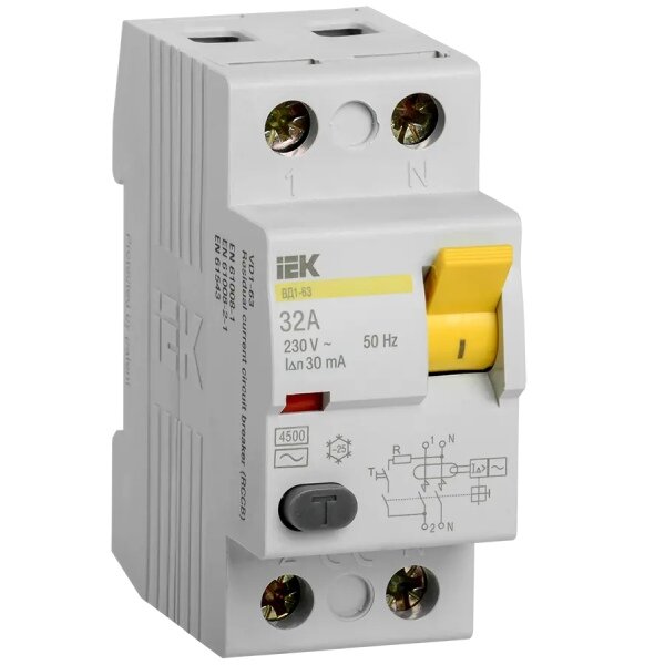 Выключатель дифференциальный (УЗО) IEK ВД1-63 2Р, 32А, 30мА, тип AC