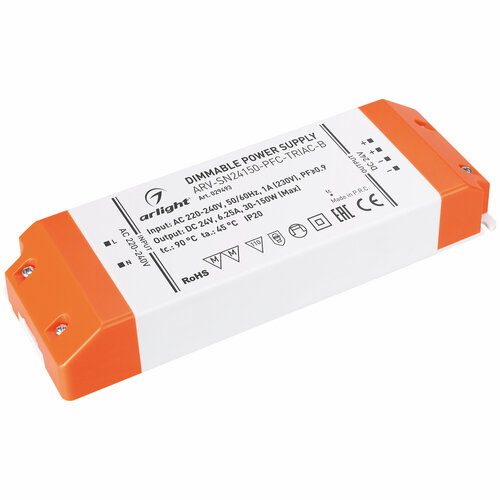 Блок питания ARV-SN24150-PFC-TRIAC-B (24V, 6.25A, 150W) (Arlight, IP20 Пластик, 3 года)