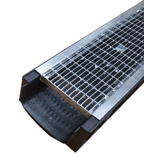 фото Лоток пластиковый DN150 H100 мм с решёткой ячеистой стальной оцинкованной и крепежом класс В125