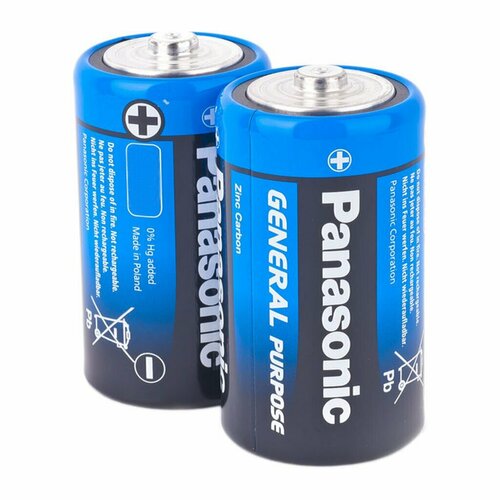 батарейка солевая panasonic general purpose d r20 2s 1 5в спайка 2 шт Батарейка Panasonic, D (R20), Zinc-carbon General Purpose, солевая, 1.5 В, спайка, 2 шт