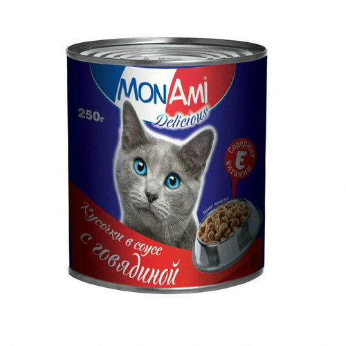 MonAmi влажный корм для кошек, с говядиной, кусочки в соусе, в консервах - 250 г х 15 шт