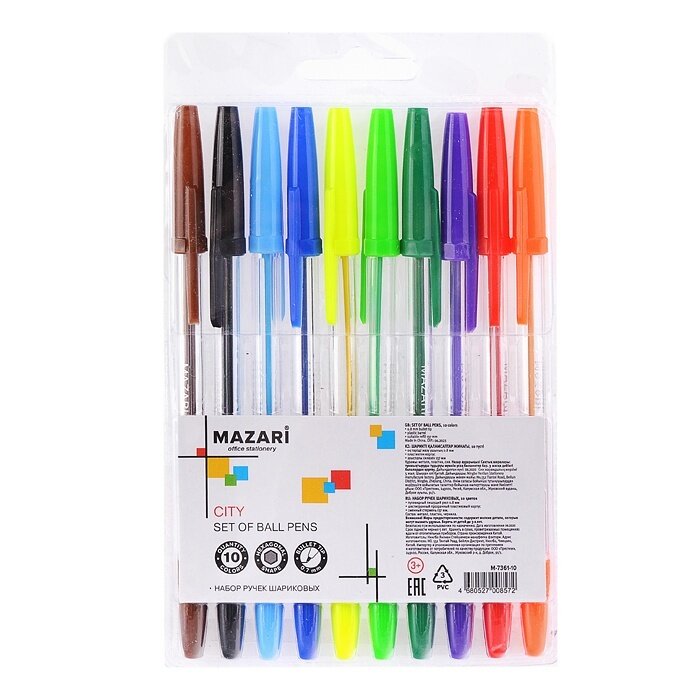 Набор шариковых ручек Mazari City, 10 цветов, 0,8 мм, шестигранный прозрачный пластик (M-7361-10)