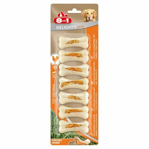 фото 8in1: delights strong xs, косточки сверхпрочные, с куриным мясом, для мелких собак, 7,5 см, 7 шт 8 in 1