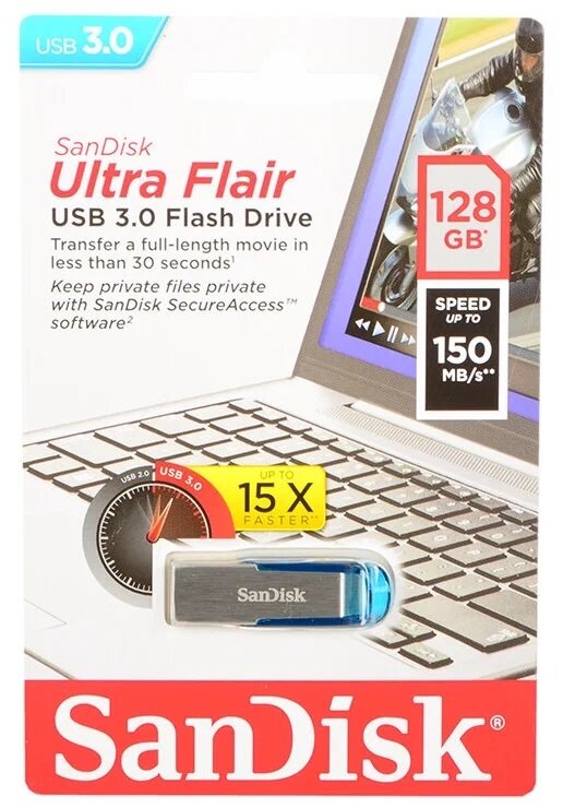 Флешка SanDisk Ultra Flair USB 3.0 128 ГБ, 1 шт., дымчатый серебристый/черный