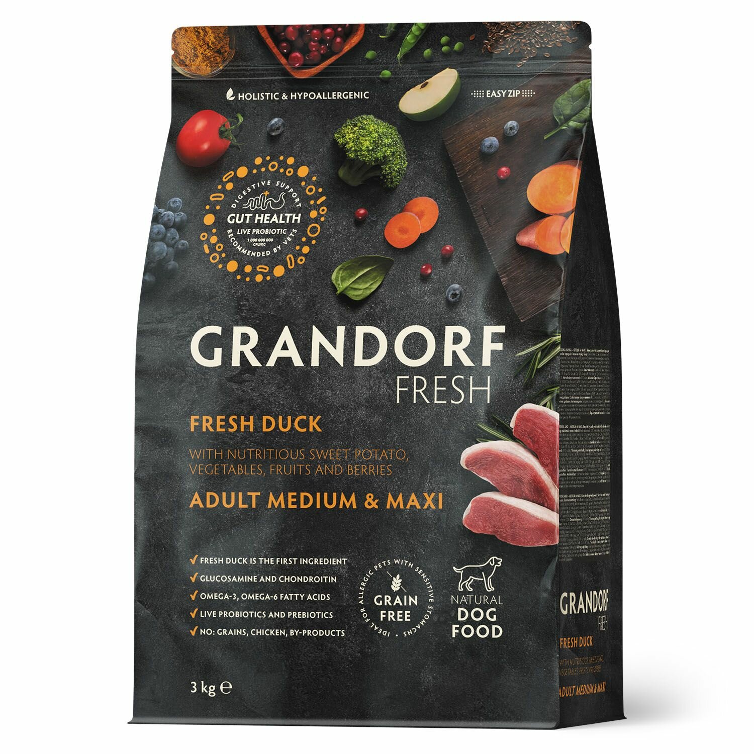 Сухой корм для собак GRANDORF Fresh холистик для средних и крупных пород утка с бататом 3 кг