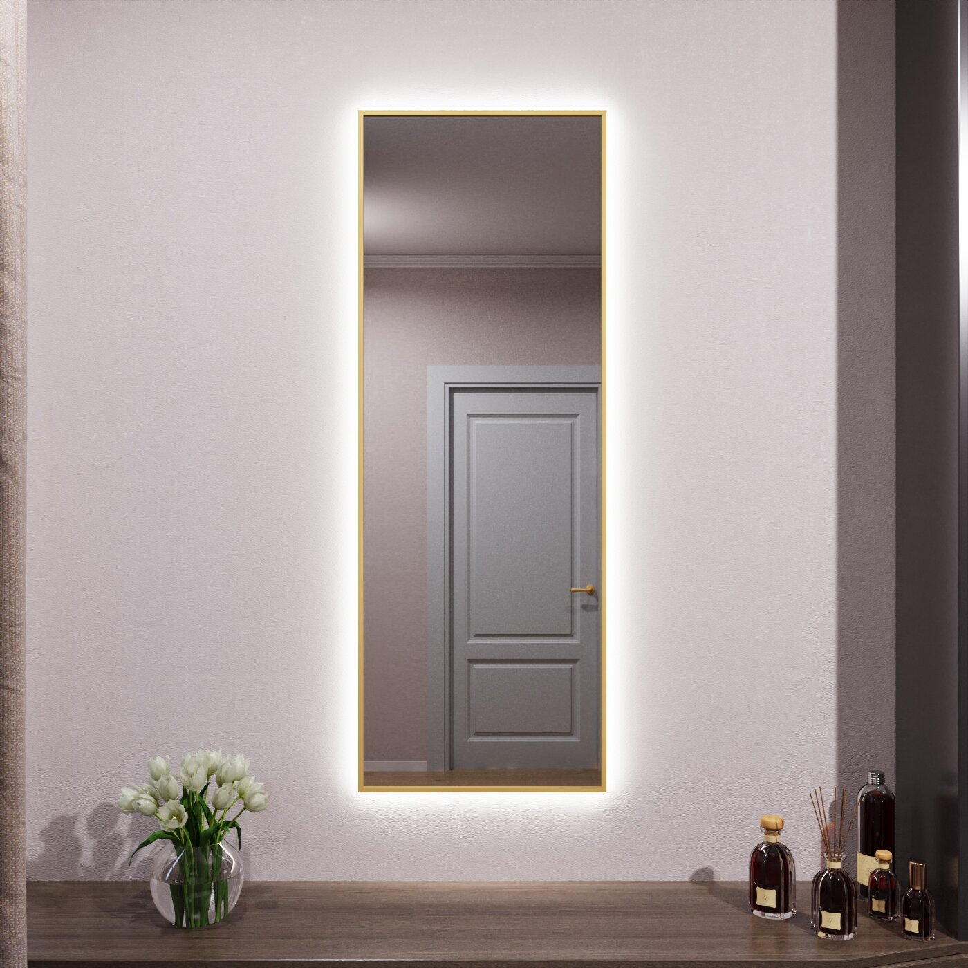 Зеркало с подсветкой в алюминиевой раме настенное Market-house 130х40 см. Свет: Нейтральный Белый 6000К. Золото