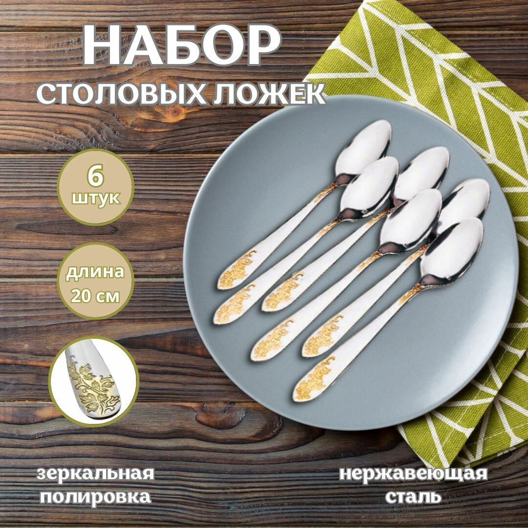 Набор столовых ложек, нержавеющая сталь, хромированный цвет, 6 шт, 20см
