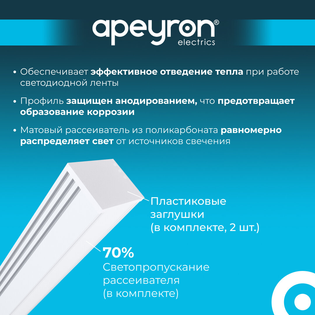Профиль Apeyron 08-10-Б для светодиодной ленты, П-образный, белый алюминий, рассеиватель белый матовый, 16х12мм, 2м — фото 1