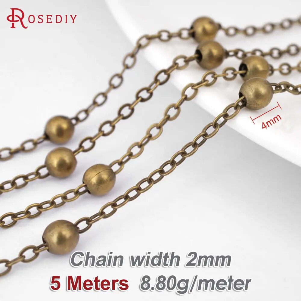Цепь из меди Rosediy 2 мм с бусинами 4 мм 21064-Antique Bronze