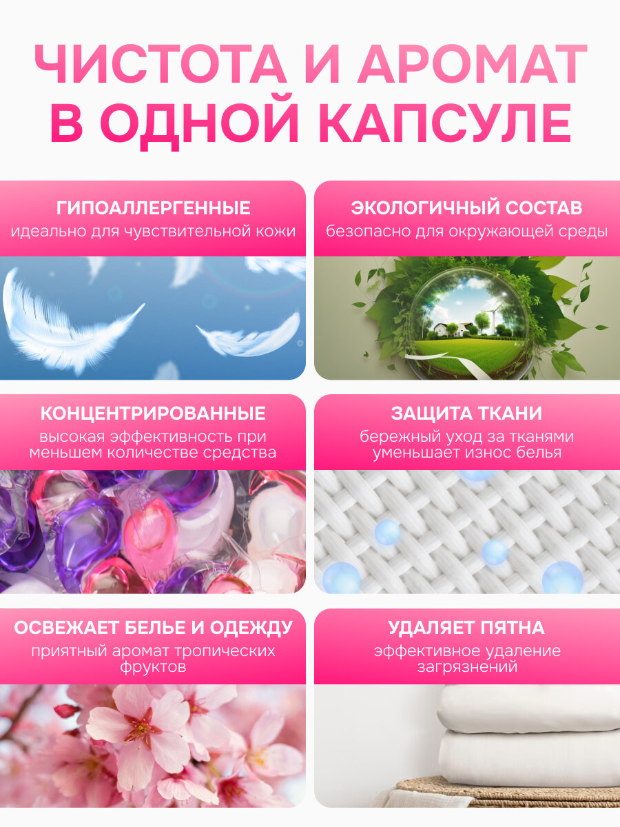 Капсулы для стирки EcoWash с антибактериальным эффектом, Сакура, 3 в 1, 30 штук — фото 1